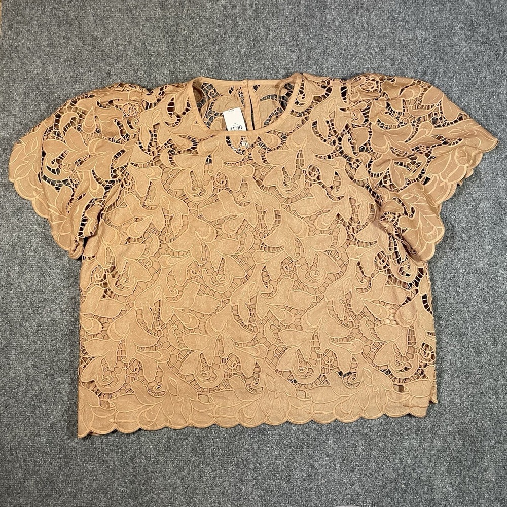 Express Embroidered Crochet Lace Puff Sleeve Top Size XLarge Beige Wedding